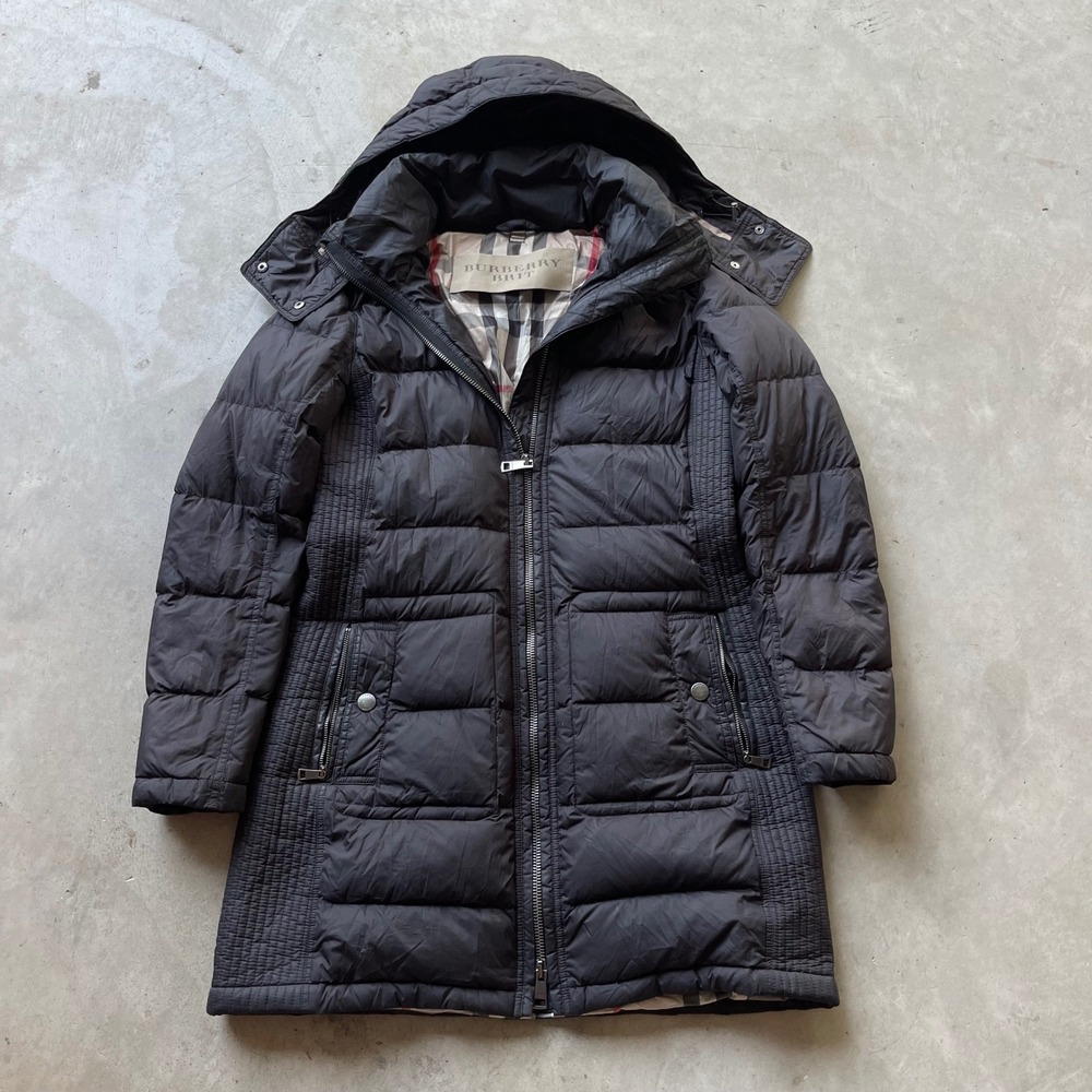 Burberry Brit Black Quilted Puffer Coat Hooded Nova Check Lining Womens Size‎ M